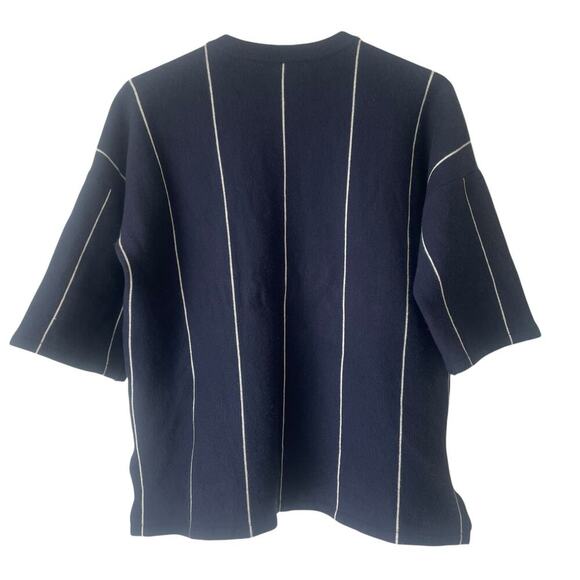 Amour Vert Cropped Sweater Merino Wool Navy Blue and White Stripe SMALL - Picture 5 of 7